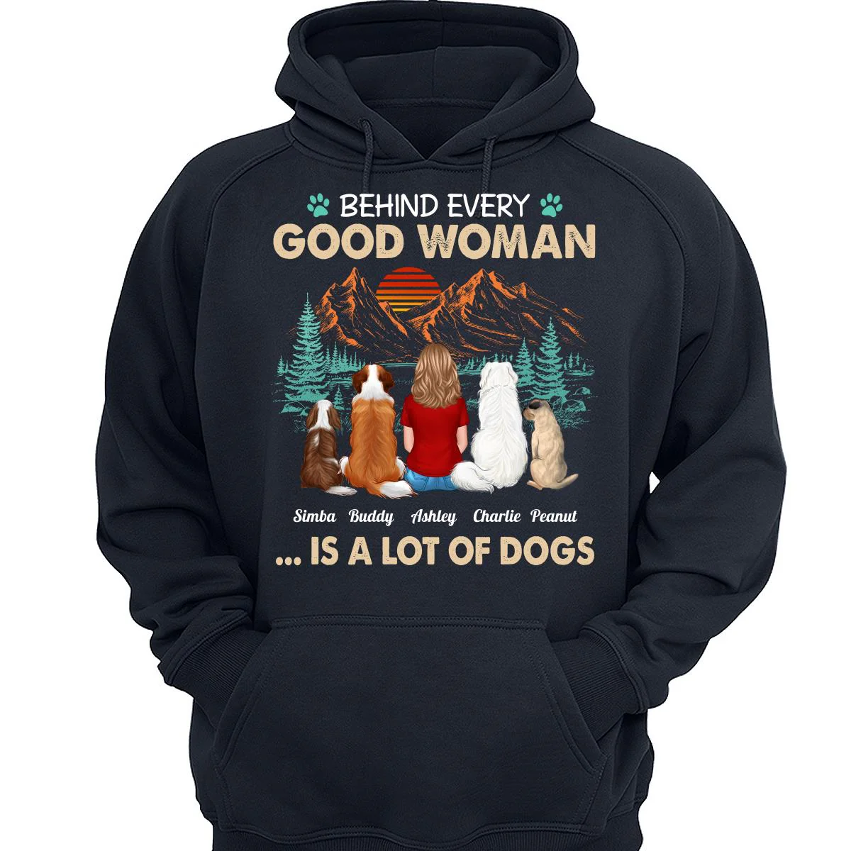 Behind Good Woman Is A Lot Of Dogs Back View Woman Sitting With Dogs Retro Pine Forest Personalized Shirt - Image 3