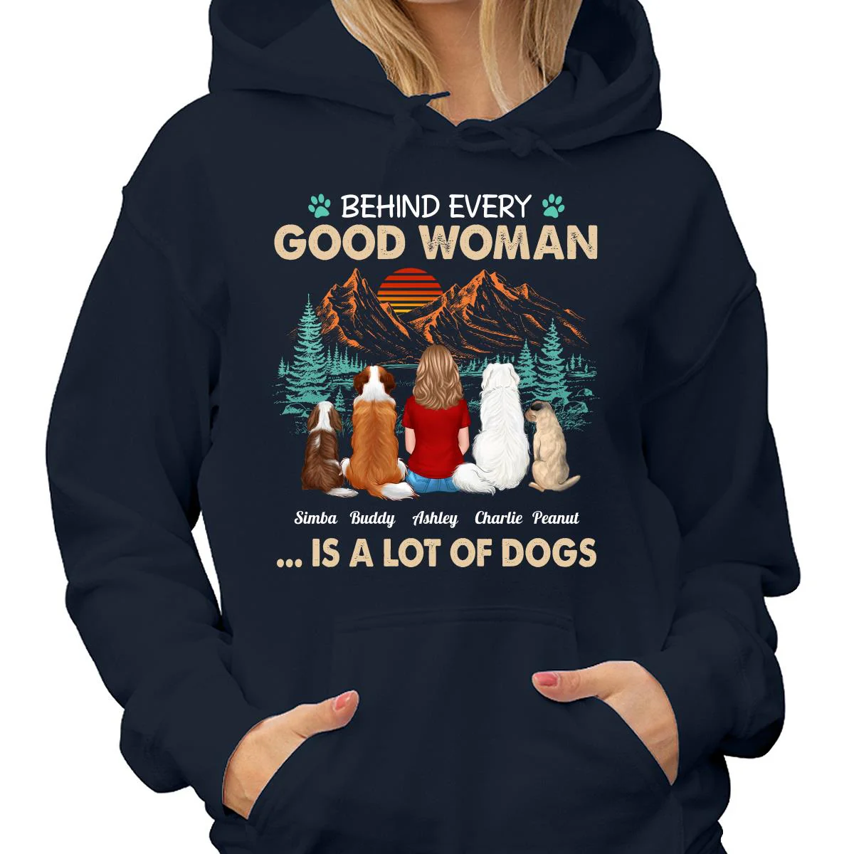 Behind Good Woman Is A Lot Of Dogs Back View Woman Sitting With Dogs Retro Pine Forest Personalized Shirt - Image 4