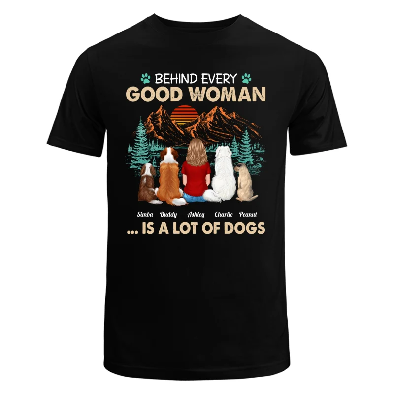 Behind Good Woman Is A Lot Of Dogs Back View Woman Sitting With Dogs Retro Pine Forest Personalized Shirt - Image 5
