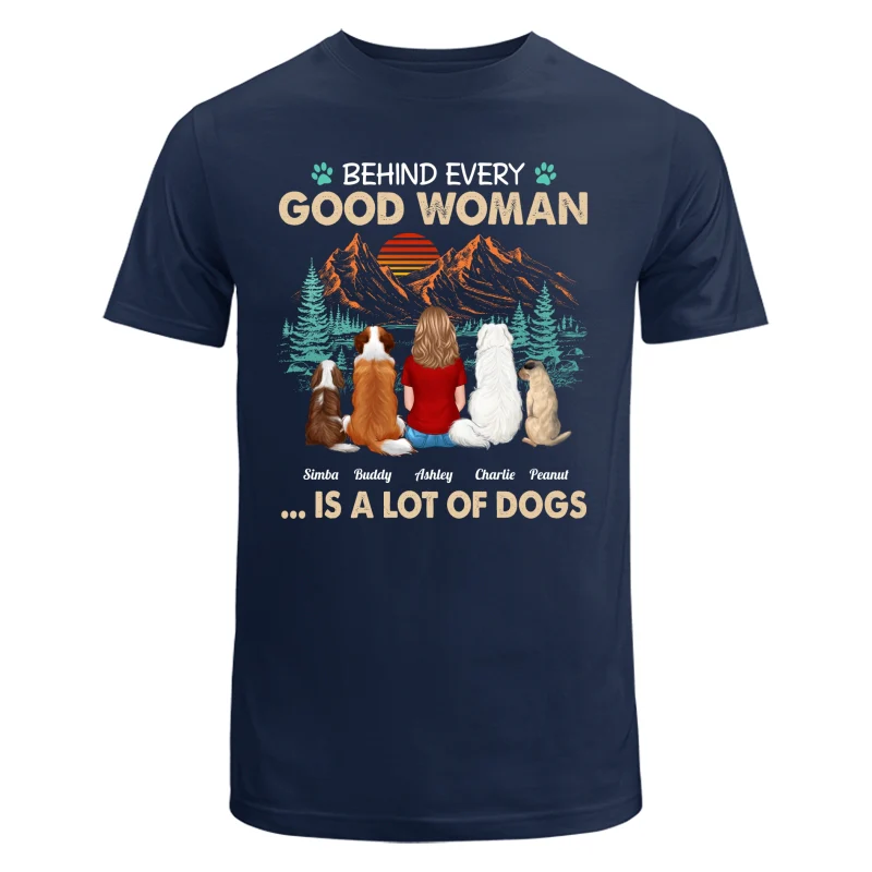 Behind Good Woman Is A Lot Of Dogs Back View Woman Sitting With Dogs Retro Pine Forest Personalized Shirt - Image 6