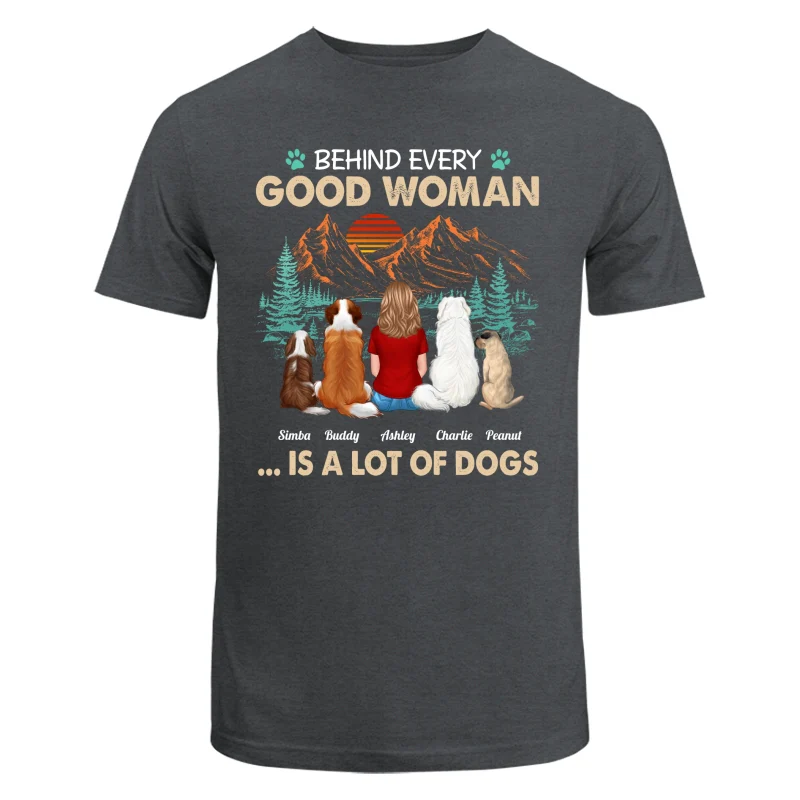 Behind Good Woman Is A Lot Of Dogs Back View Woman Sitting With Dogs Retro Pine Forest Personalized Shirt - Image 7