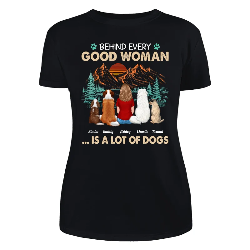 Behind Good Woman Is A Lot Of Dogs Back View Woman Sitting With Dogs Retro Pine Forest Personalized Shirt - Image 8