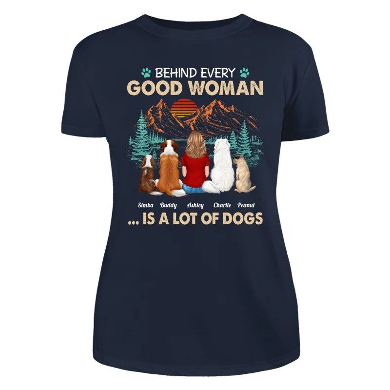 Behind Good Woman Is A Lot Of Dogs Back View Woman Sitting With Dogs Retro Pine Forest Personalized Shirt - Image 9