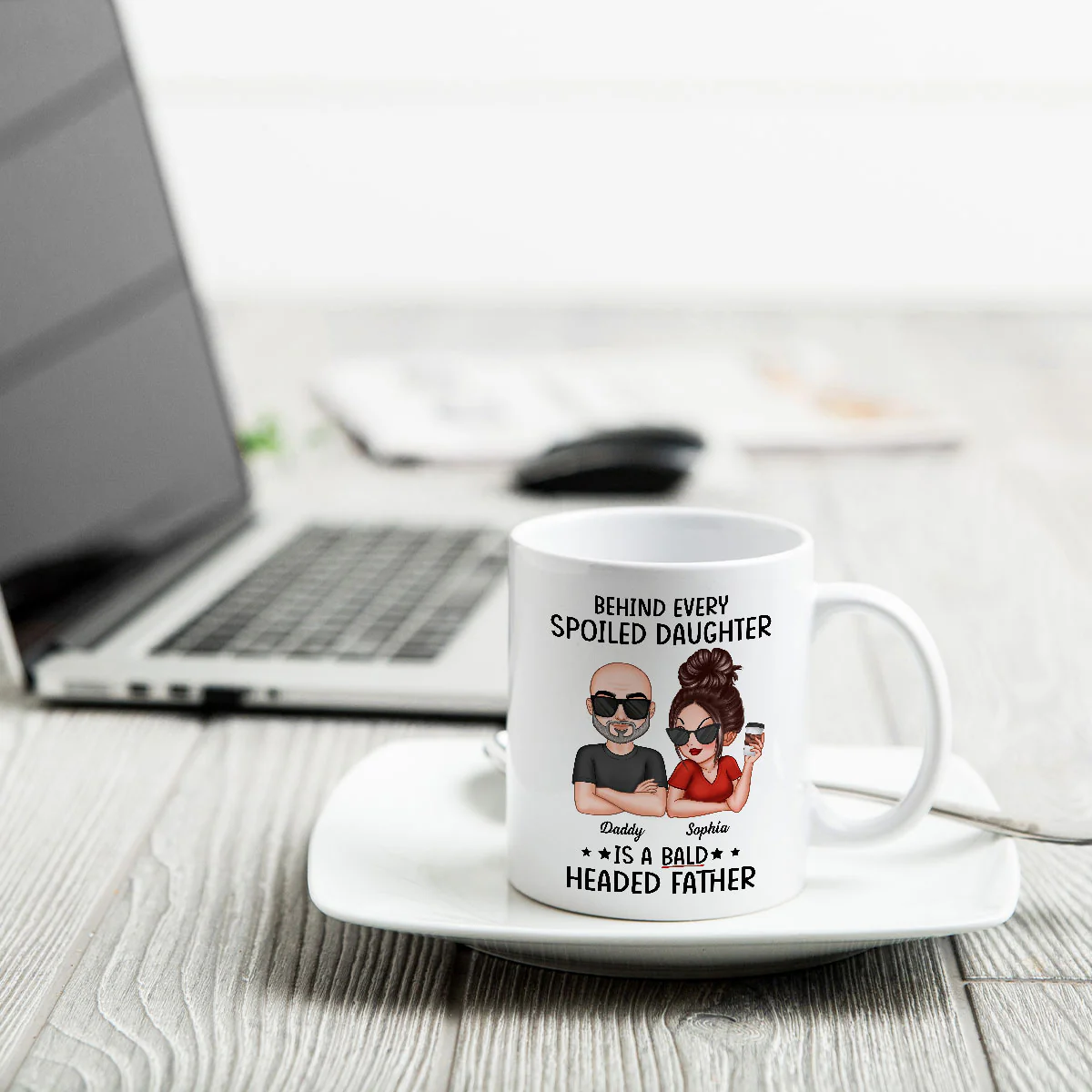 Behind Spoiled Daughter Is Bald Headed Father Funny Father‘s Day Gift For Dad Personalized Mug - Image 4