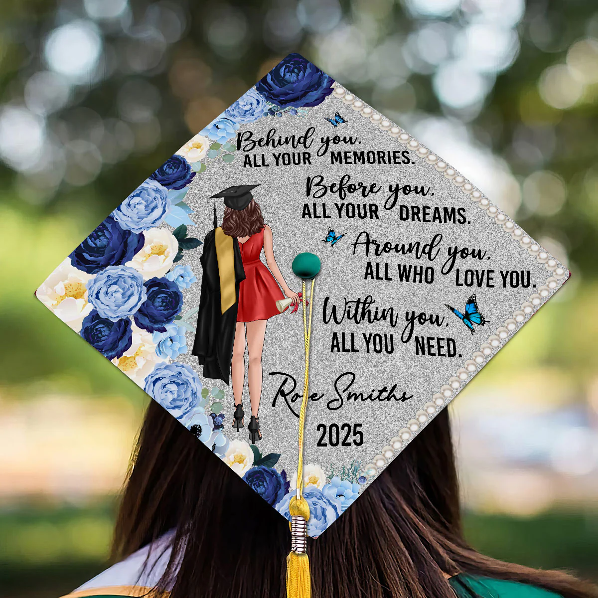 Behind You Flowers Senior Graduation Gift Personalized Printed Graduation Cap Topper (Not Real Glitter) - Image 2