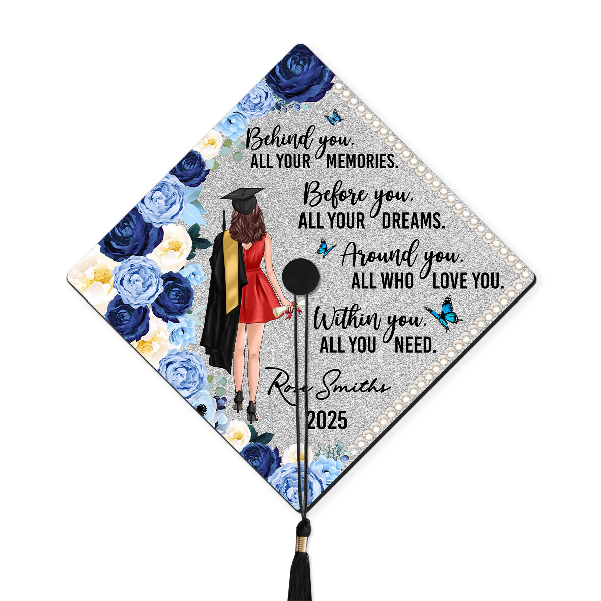 Behind You Flowers Senior Graduation Gift Personalized Printed Graduation Cap Topper (Not Real Glitter) - Image 5
