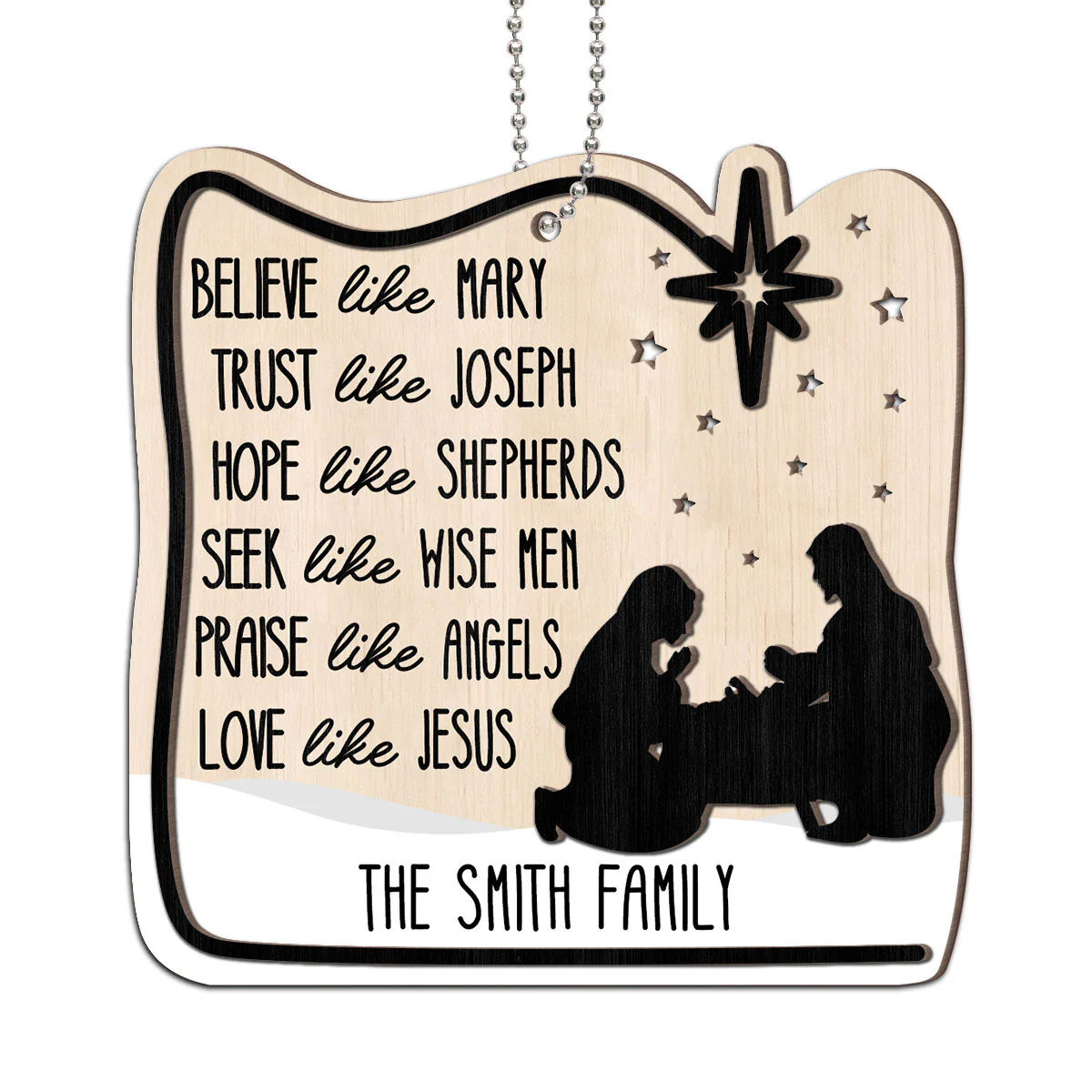 Believe Like Mary Christian Family Personalized 2-Layer Wooden Ornament - Image 2