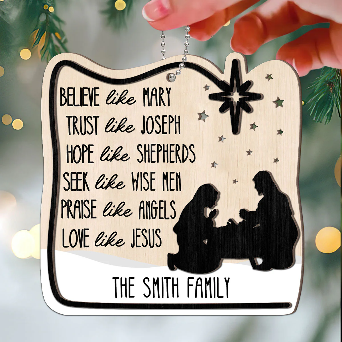 Believe Like Mary Christian Family Personalized 2-Layer Wooden Ornament - Image 3