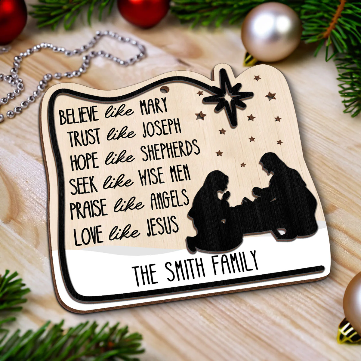 Believe Like Mary Christian Family Personalized 2-Layer Wooden Ornament - Image 4