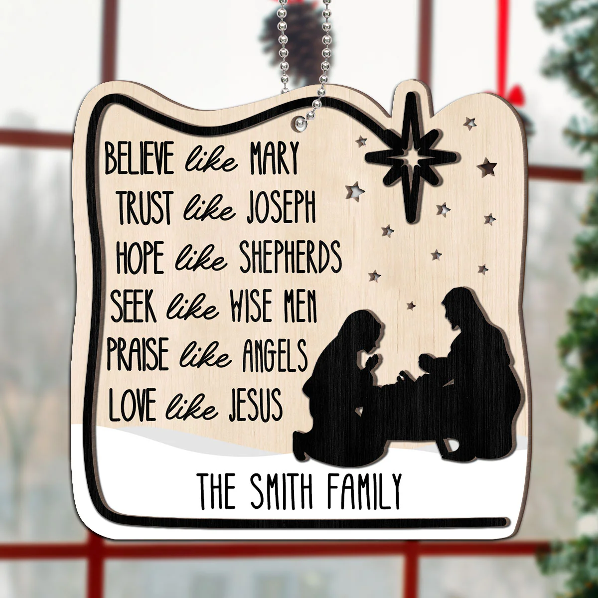 Believe Like Mary Christian Family Personalized 2-Layer Wooden Ornament - Image 5