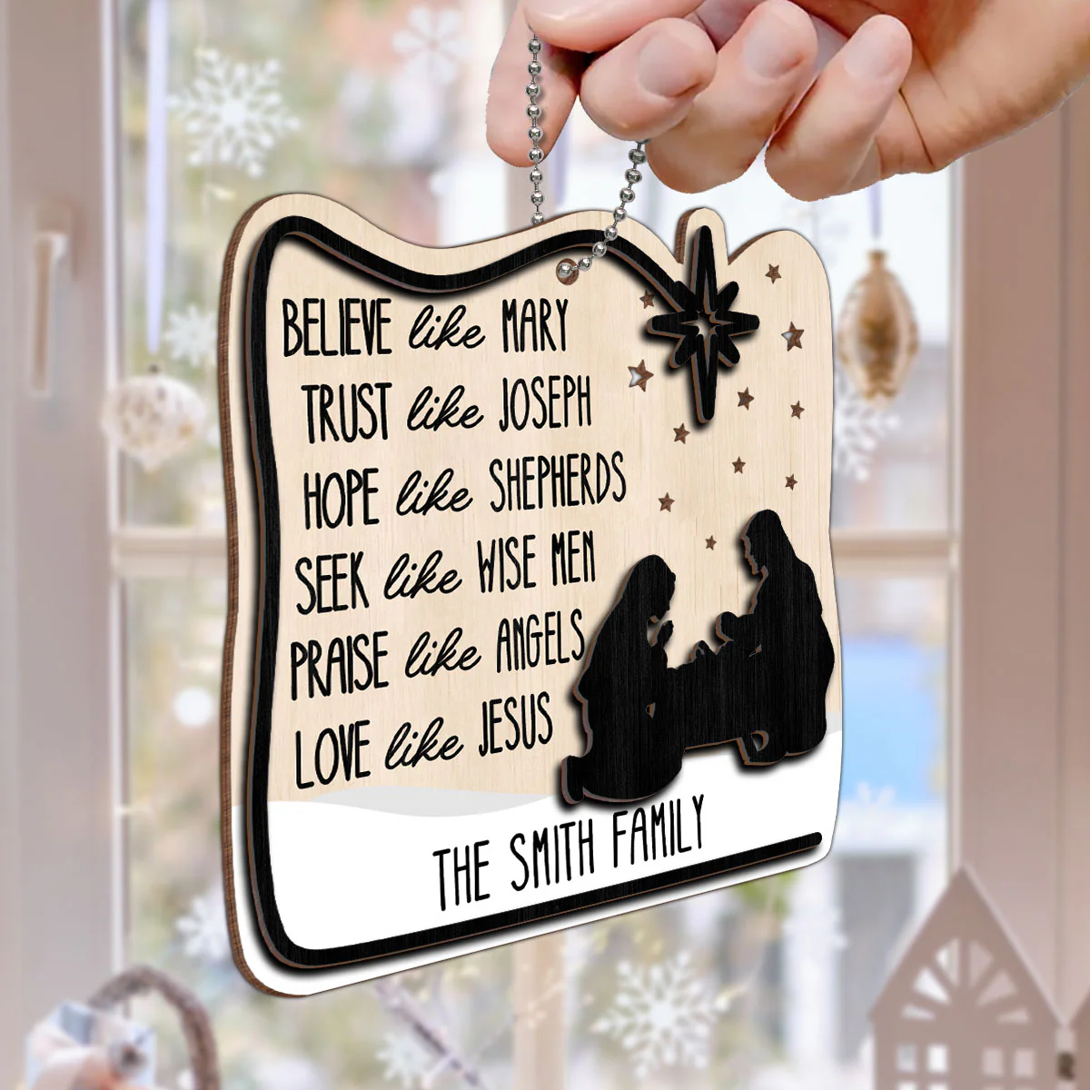 Believe Like Mary Christian Family Personalized 2-Layer Wooden Ornament - Image 6
