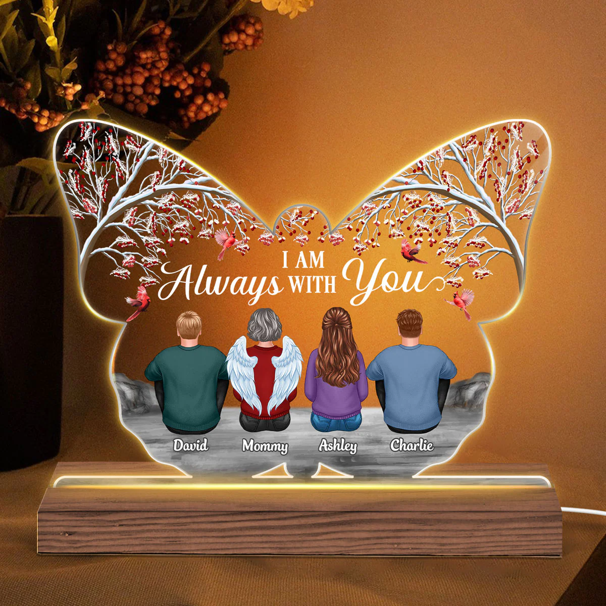 Berry Tree Memorial Family Butterfly Shaped Personalized Custom Shape LED Night Light - Image 2