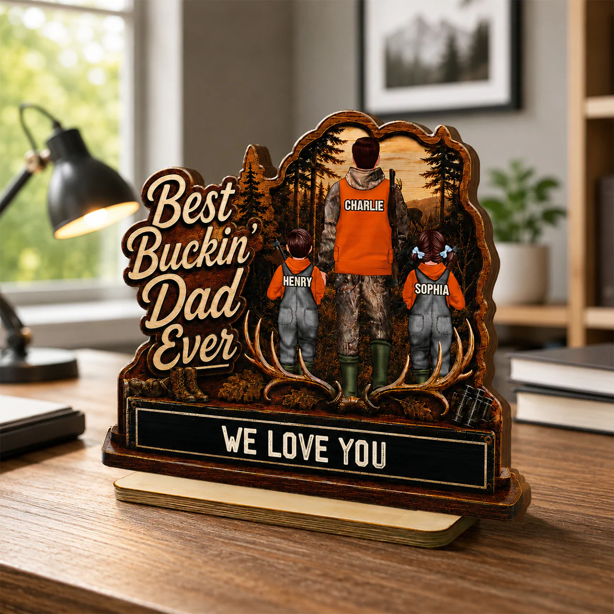 Best Buckin' Dad Papa Ever Hunting Man & Kids 2D Flat - Personalized 2-Layered Wooden Plaque -  Gift For Hunting Dad, Grandpa - Image 3