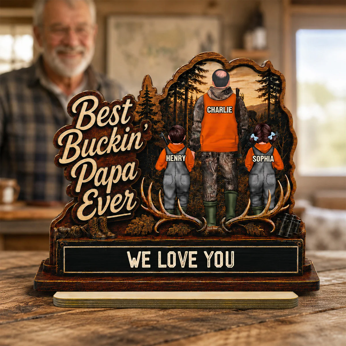 Best Buckin' Dad Papa Ever Hunting Man & Kids 2D Flat - Personalized 2-Layered Wooden Plaque -  Gift For Hunting Dad, Grandpa - Image 6