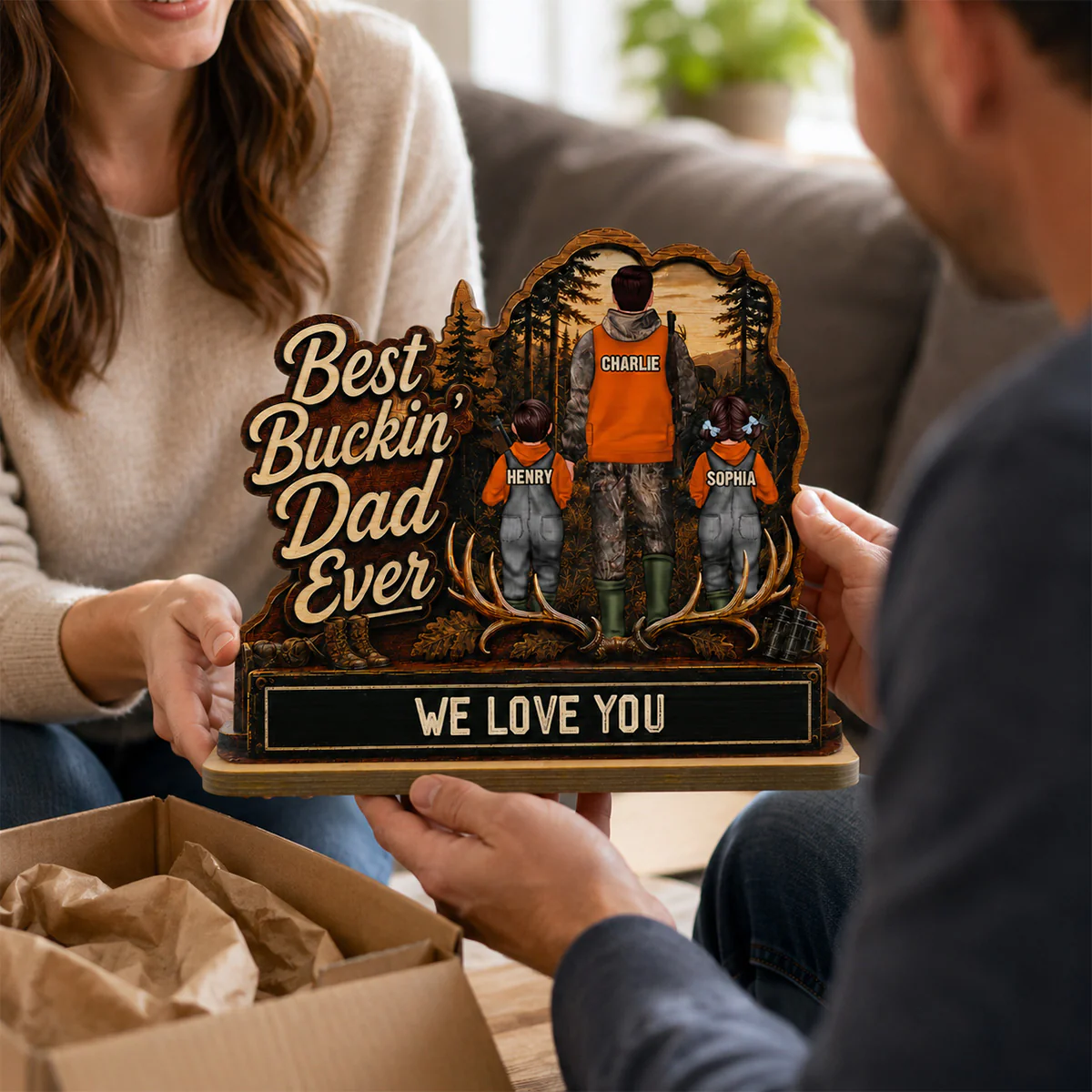 Best Buckin' Dad Papa Ever Hunting Man & Kids 2D Flat - Personalized 2-Layered Wooden Plaque -  Gift For Hunting Dad, Grandpa - Image 7