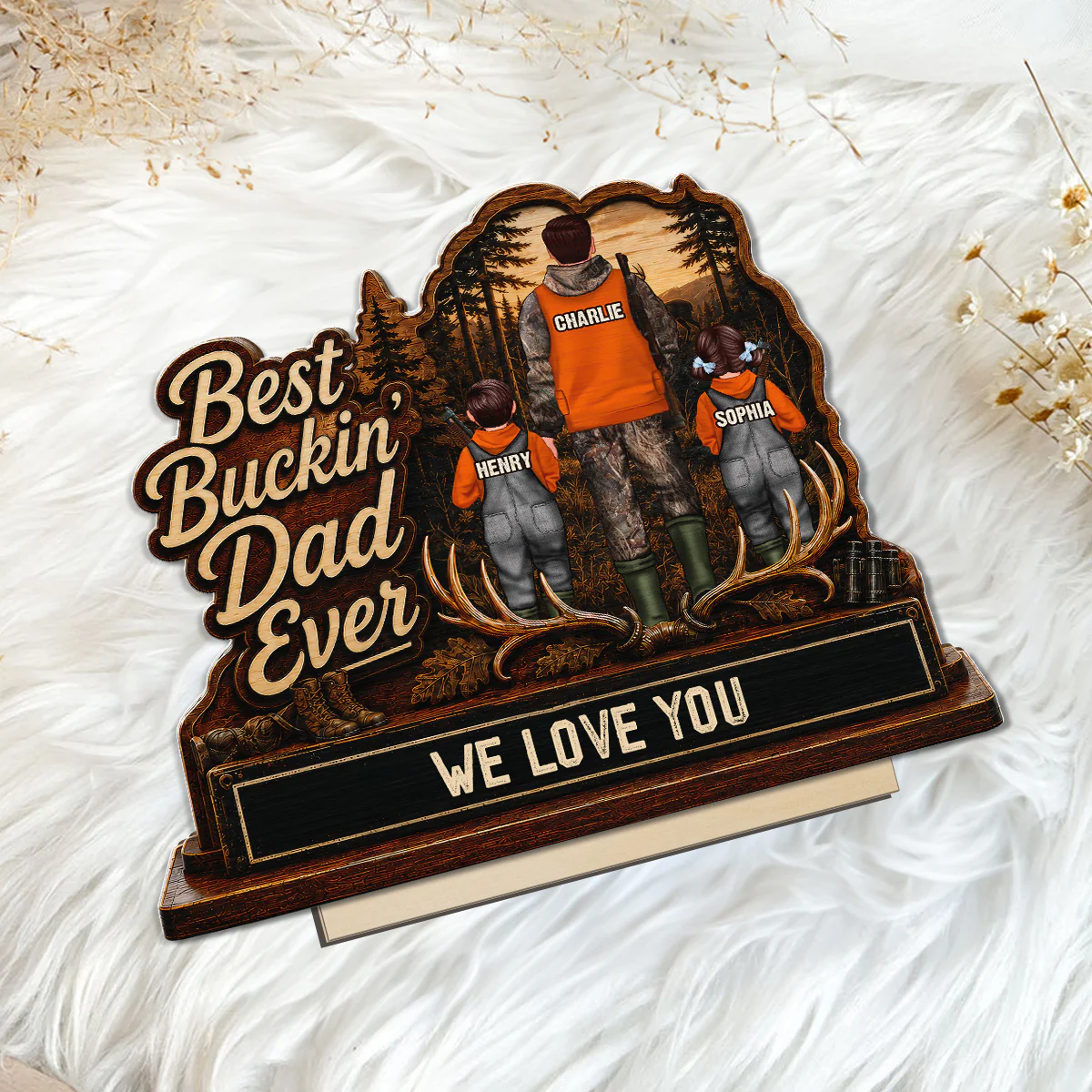 Best Buckin' Dad Papa Ever Hunting Man & Kids 2D Flat - Personalized 2-Layered Wooden Plaque -  Gift For Hunting Dad, Grandpa - Image 8