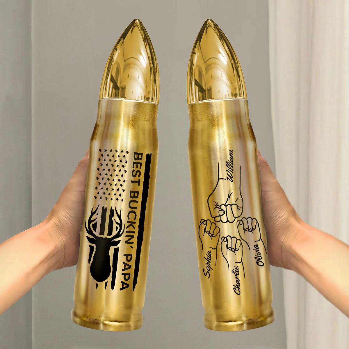 Best Buckin‘ Grandpa Dad Fist Bump Gift For Hunting Lover Personalized Bullet Tumbler - Image 3