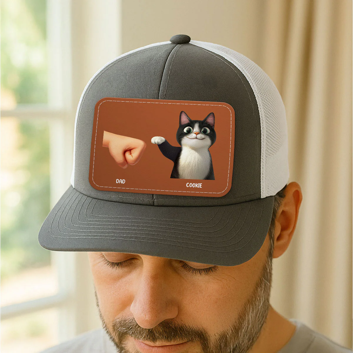 Best Cat Dad Cute Cartoon Cats Personalized Leather Patch Hat, Trucker Hat, Father's Day Gift for Cat Dads - Image 3