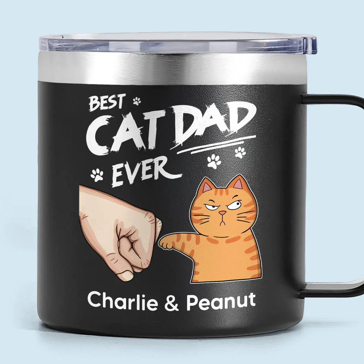 Best Cat Dad Ever Fist Bump Personalized Stainless Steel Tumbler With Handle, Birthday Gift For Cat Lovers, Father's Day Gift or Just Because