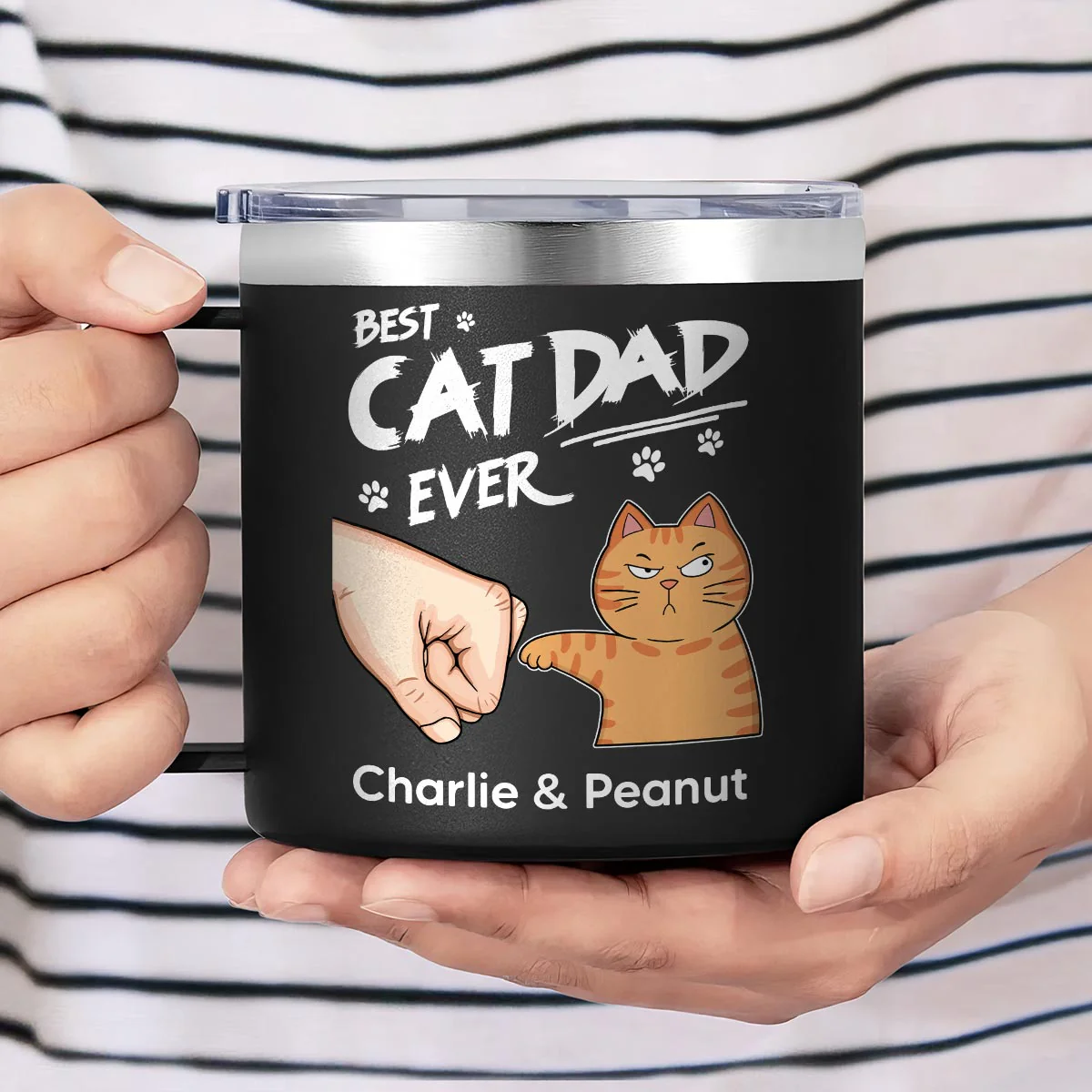 Best Cat Dad Ever Fist Bump Personalized Stainless Steel Tumbler With Handle, Birthday Gift For Cat Lovers, Father's Day Gift or Just Because - Image 5