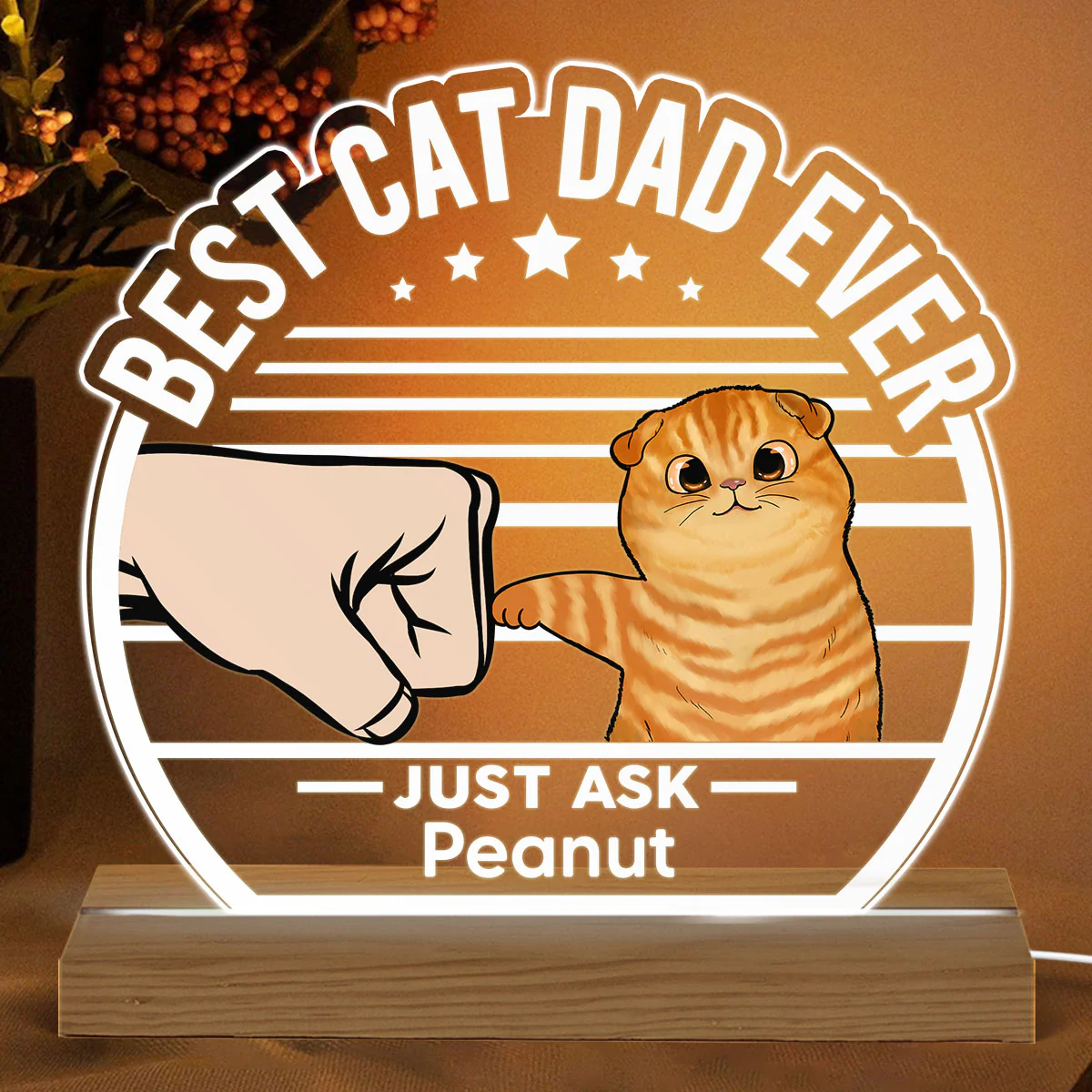 Best Cat Dad Ever Fluffy Cat Personalized Custom Shape LED Night Light - Image 2