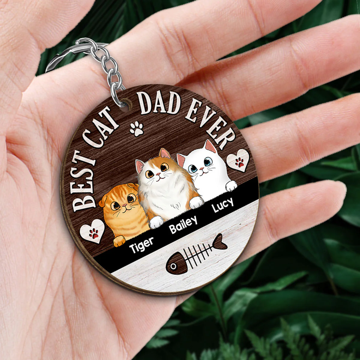 Best Cat Dad Ever Fluffy Cats Personalized Circle Wooden Keychain - Image 2