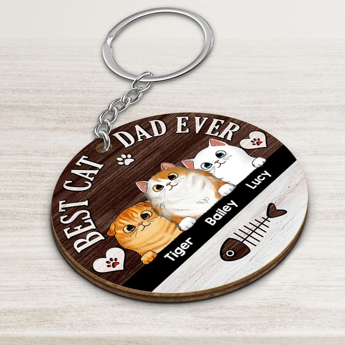 Best Cat Dad Ever Fluffy Cats Personalized Circle Wooden Keychain - Image 3