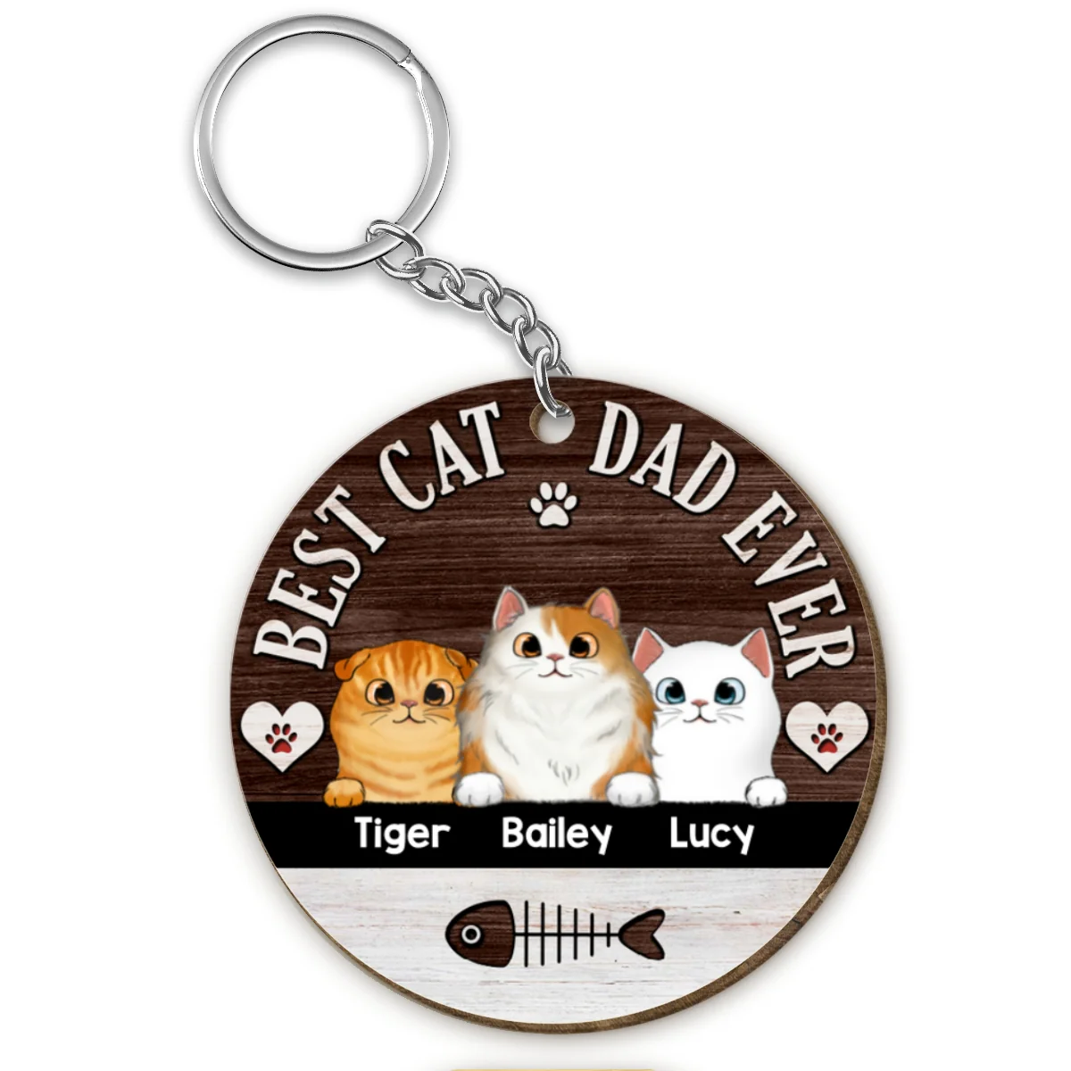 Best Cat Dad Ever Fluffy Cats Personalized Circle Wooden Keychain - Image 4