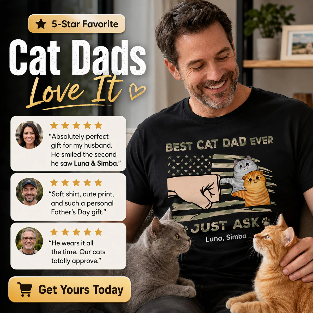 Best Cat Dad Ever Nation Flag - Personalized Shirt - Father's Day Gift For Cat Dad, Patriotic 4th Of July Gift, USA 250th Anniversary - Image 7