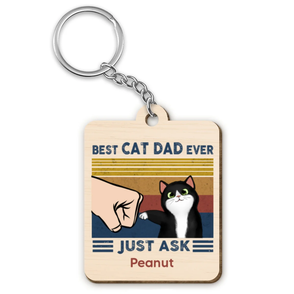 Best Cat Dad Fluffy Cat Personalized Wooden Keychain - Image 4