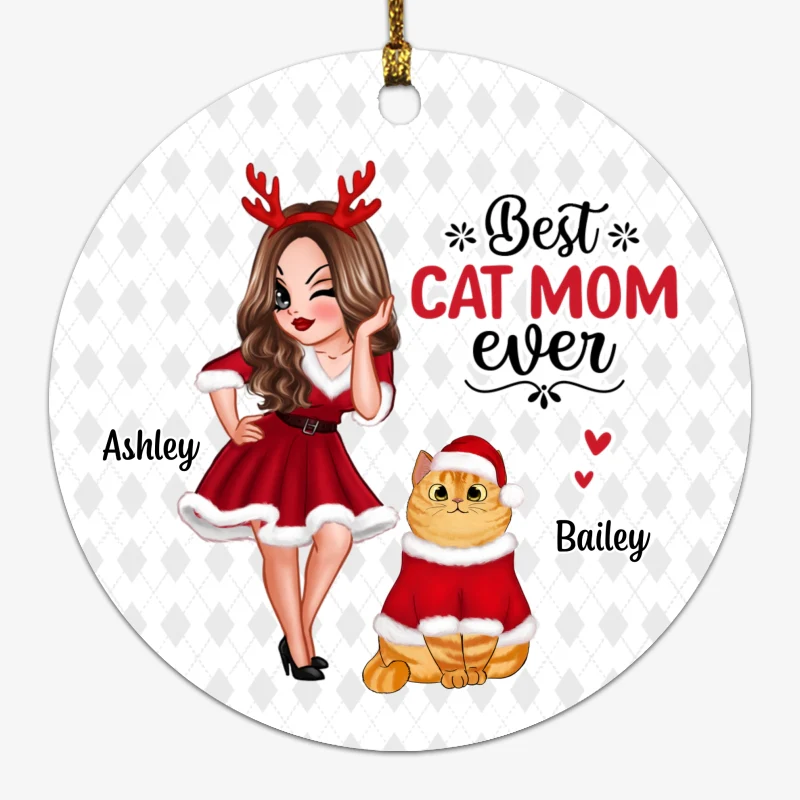 Best Cat Mom Ever Christmas Personalized Circle Ornament - Image 2