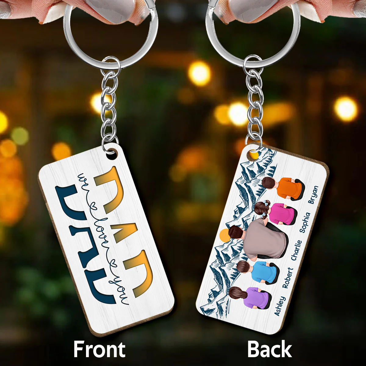 Best Dad Back View Yellow Green Personalized Wooden Keychain - Image 3