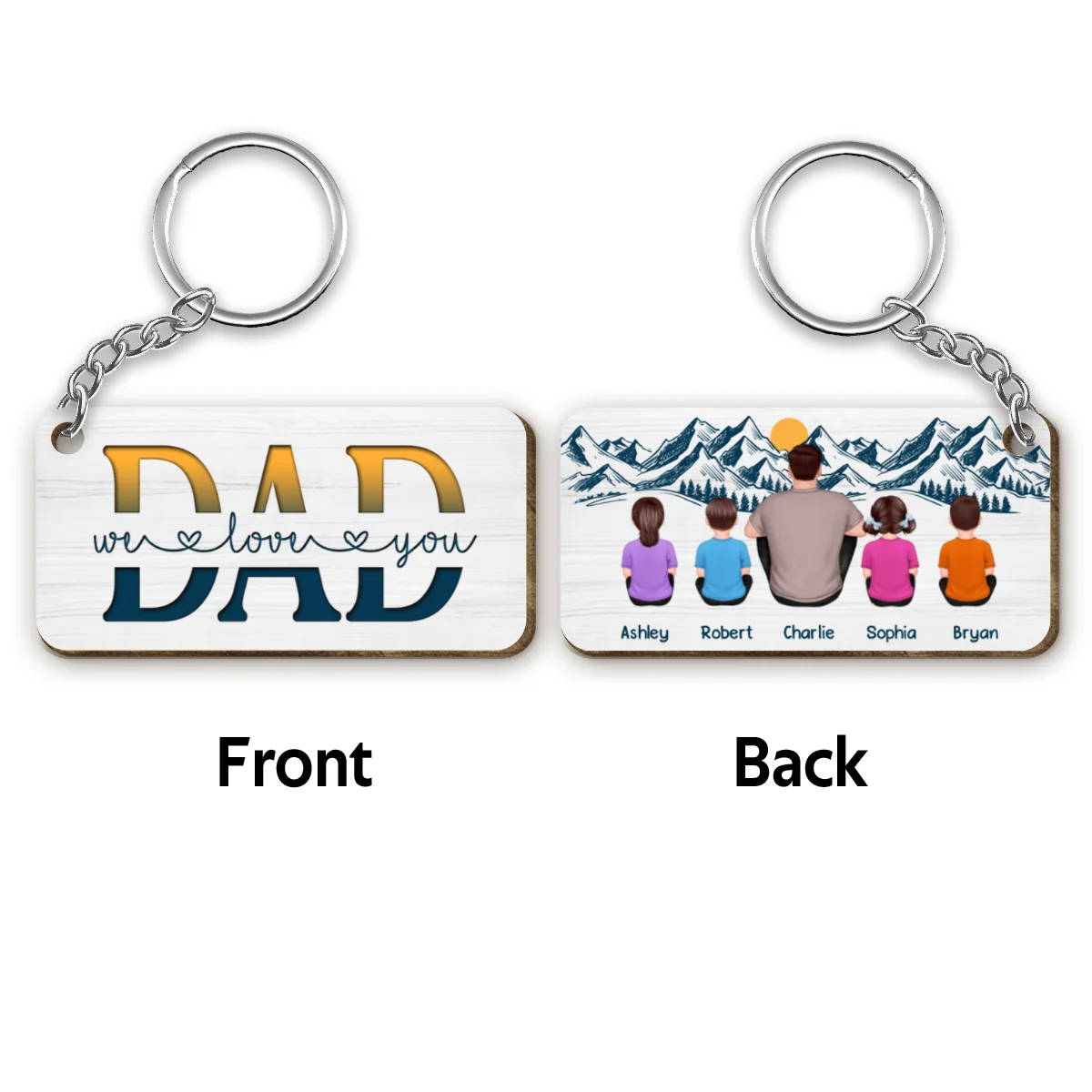 Best Dad Back View Yellow Green Personalized Wooden Keychain - Image 4
