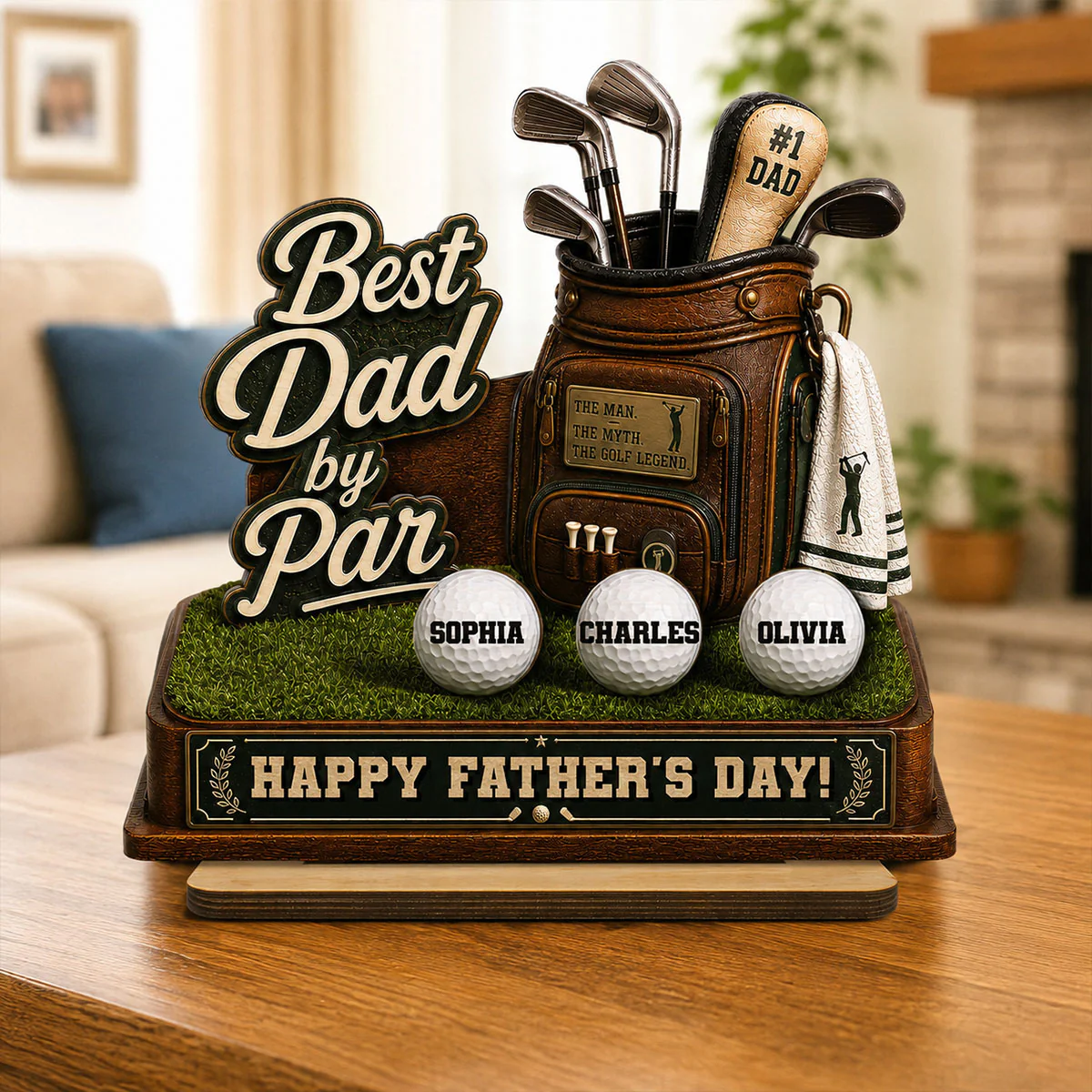 Best Dad By Par Custom Kid Name - Personalized 2-Layered Wooden Plaque - Gift For Golf Dad