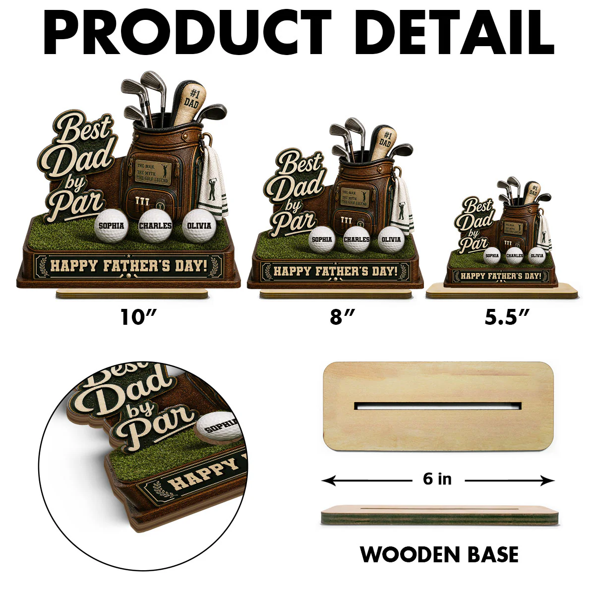 Best Dad By Par Custom Kid Name - Personalized 2-Layered Wooden Plaque - Gift For Golf Dad - Image 6