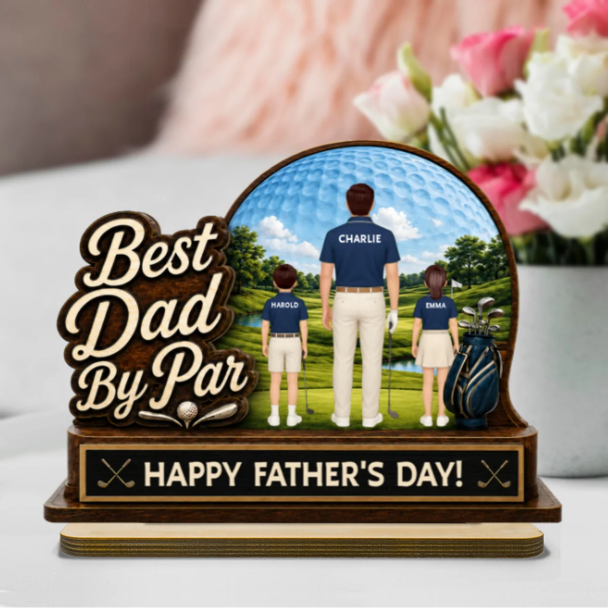 Best Dad By Par Custom Man & Kids Back View - Personalized 2-Layered Wooden Plaque - Gift For Golf Dad - Image 10