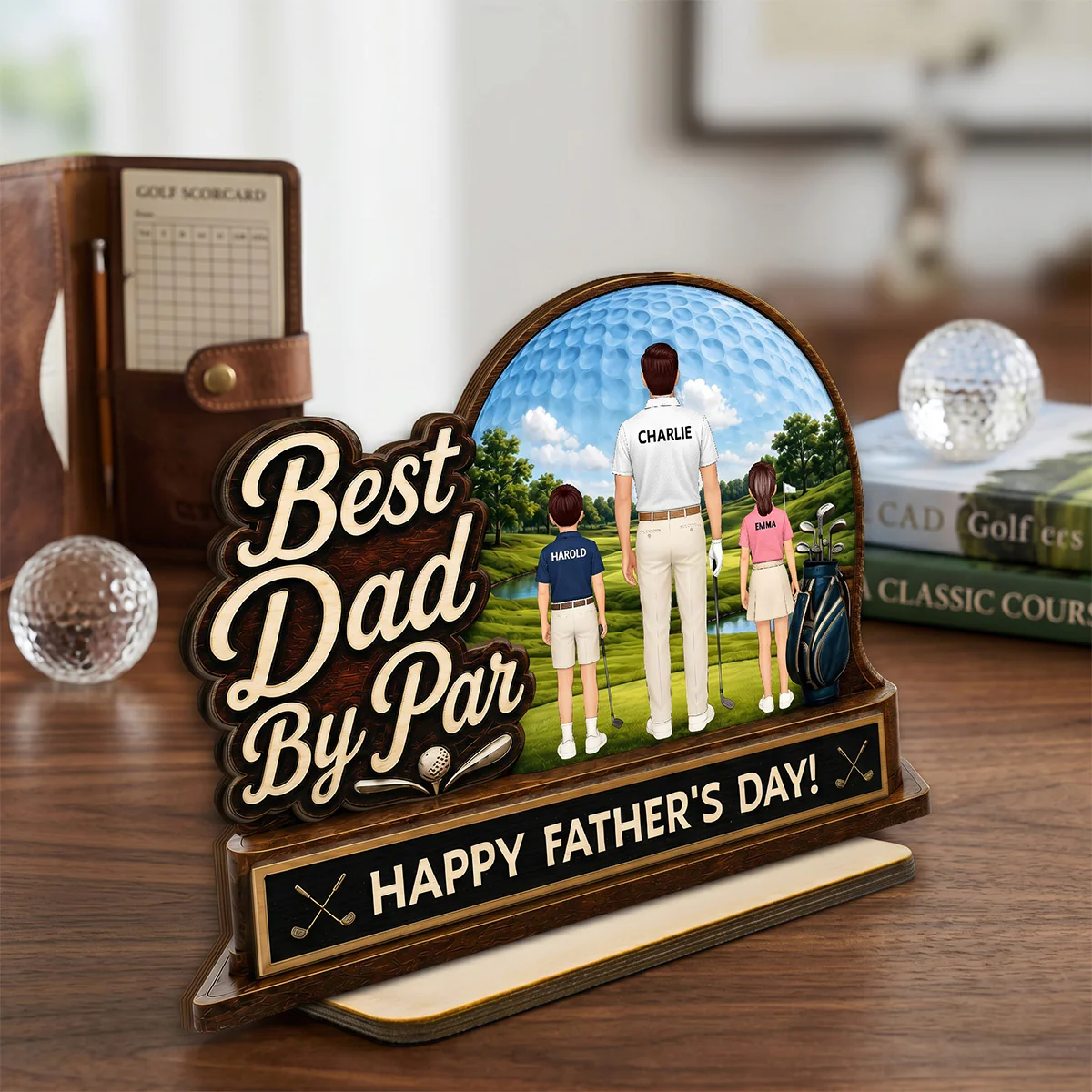 Best Dad By Par Custom Man & Kids Back View - Personalized 2-Layered Wooden Plaque - Gift For Golf Dad - Image 2