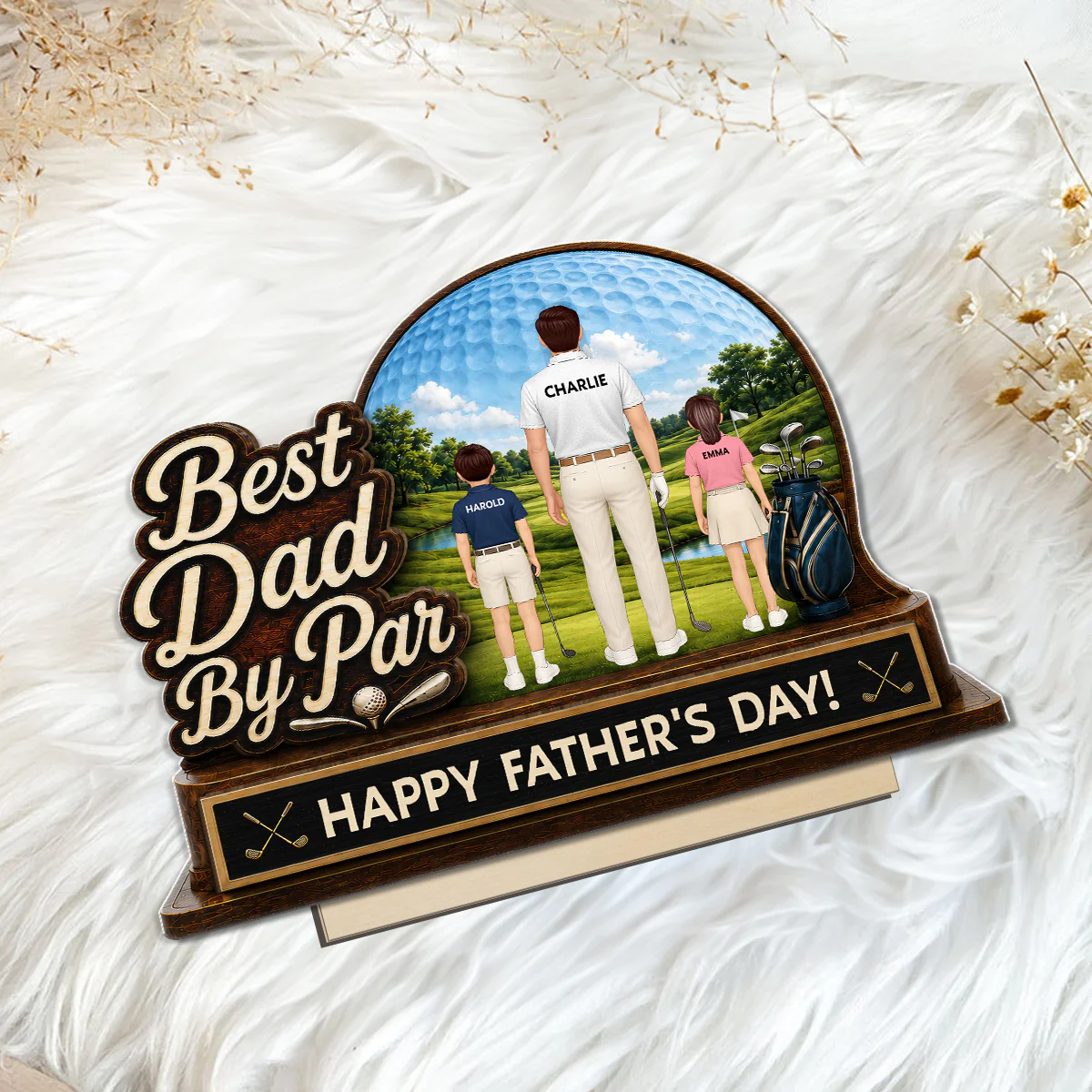 Best Dad By Par Custom Man & Kids Back View - Personalized 2-Layered Wooden Plaque - Gift For Golf Dad - Image 7