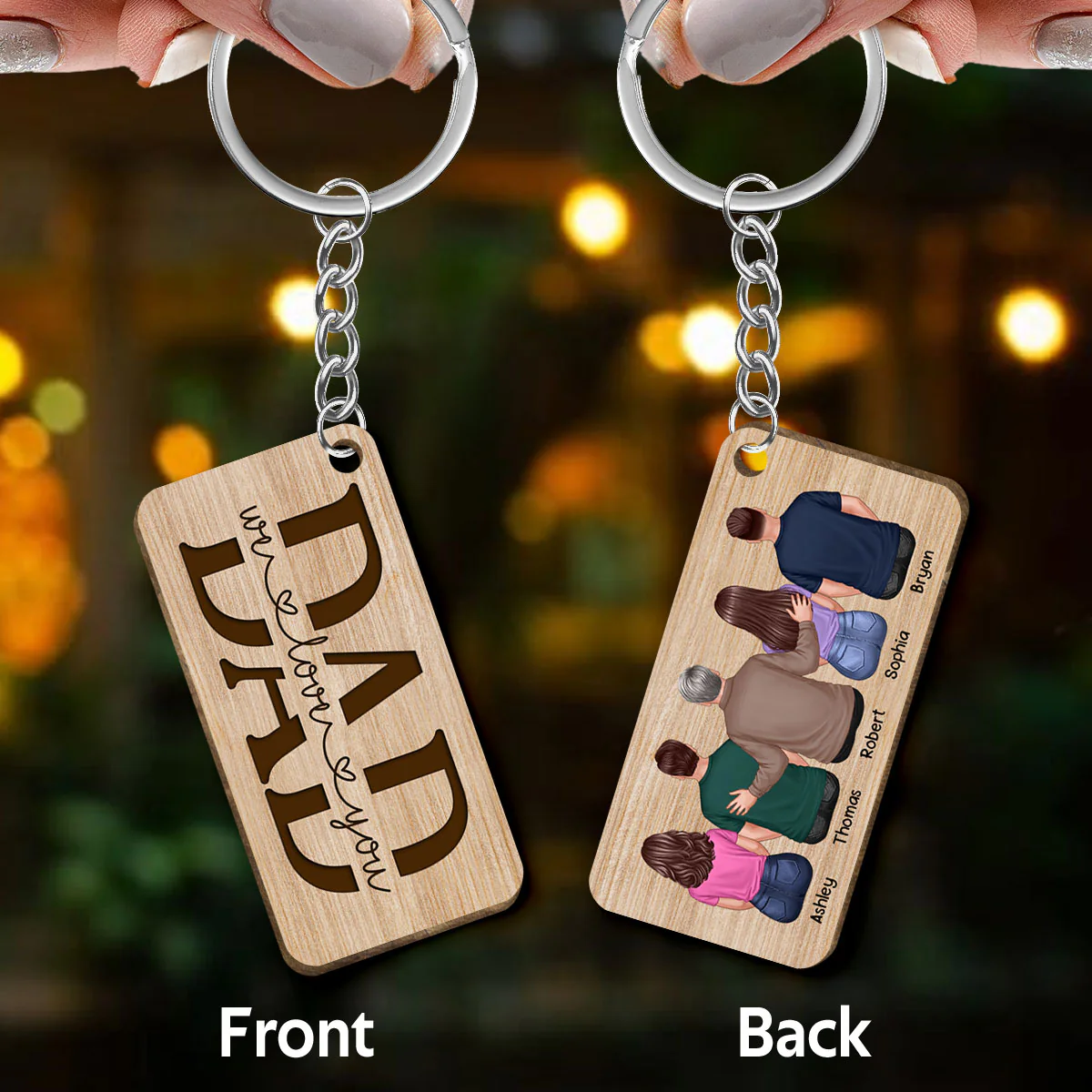 Best Dad Ever Back View Dad And Daughters Sons Personalized Wooden Keychain - Image 3