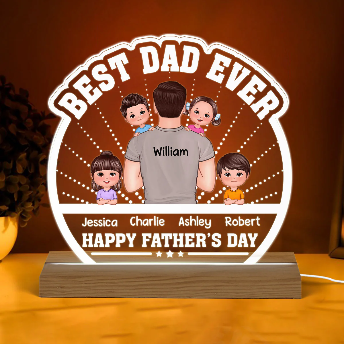 Best Dad Ever Back View Dad Holding Kids Personalized Custom Shaped Acrylic Plaque With Warm LED Night Light