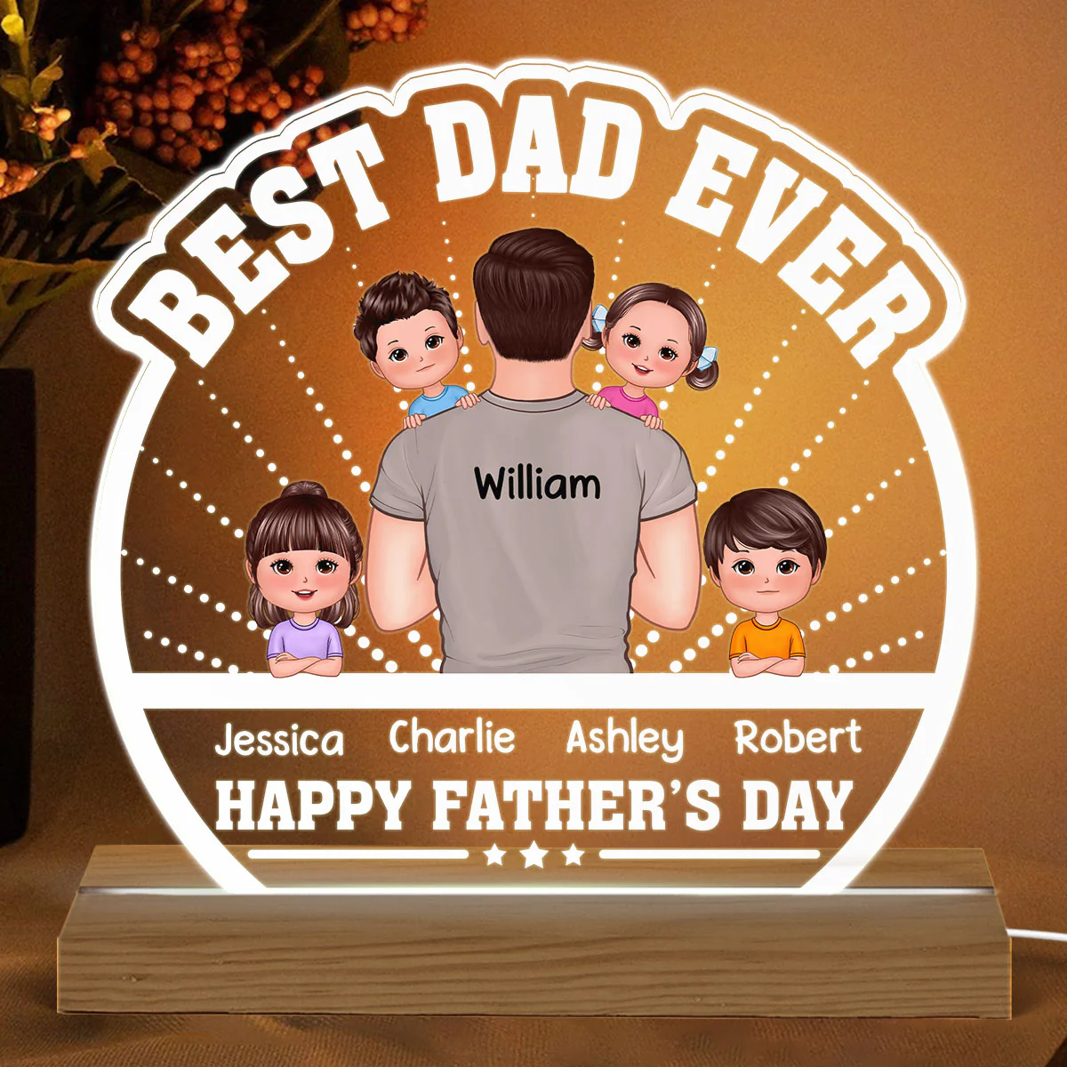 Best Dad Ever Back View Dad Holding Kids Personalized Custom Shaped Acrylic Plaque With Warm LED Night Light - Image 2