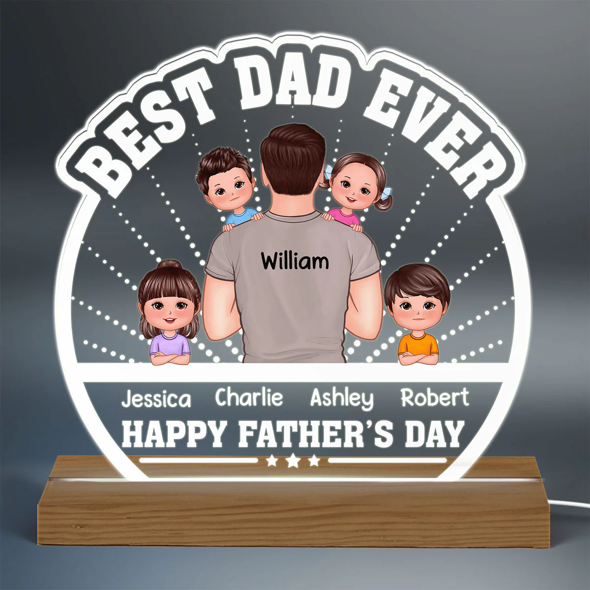 Best Dad Ever Back View Dad Holding Kids Personalized Custom Shaped Acrylic Plaque With Warm LED Night Light - Image 3