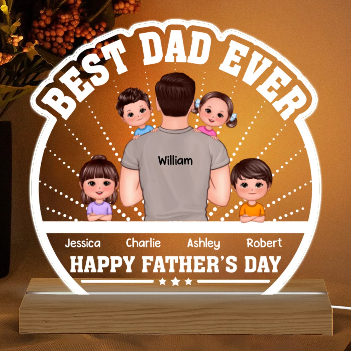 Best Dad Ever Back View Dad Holding Kids Personalized Custom Shaped Acrylic Plaque With Warm LED Night Light - Image 4