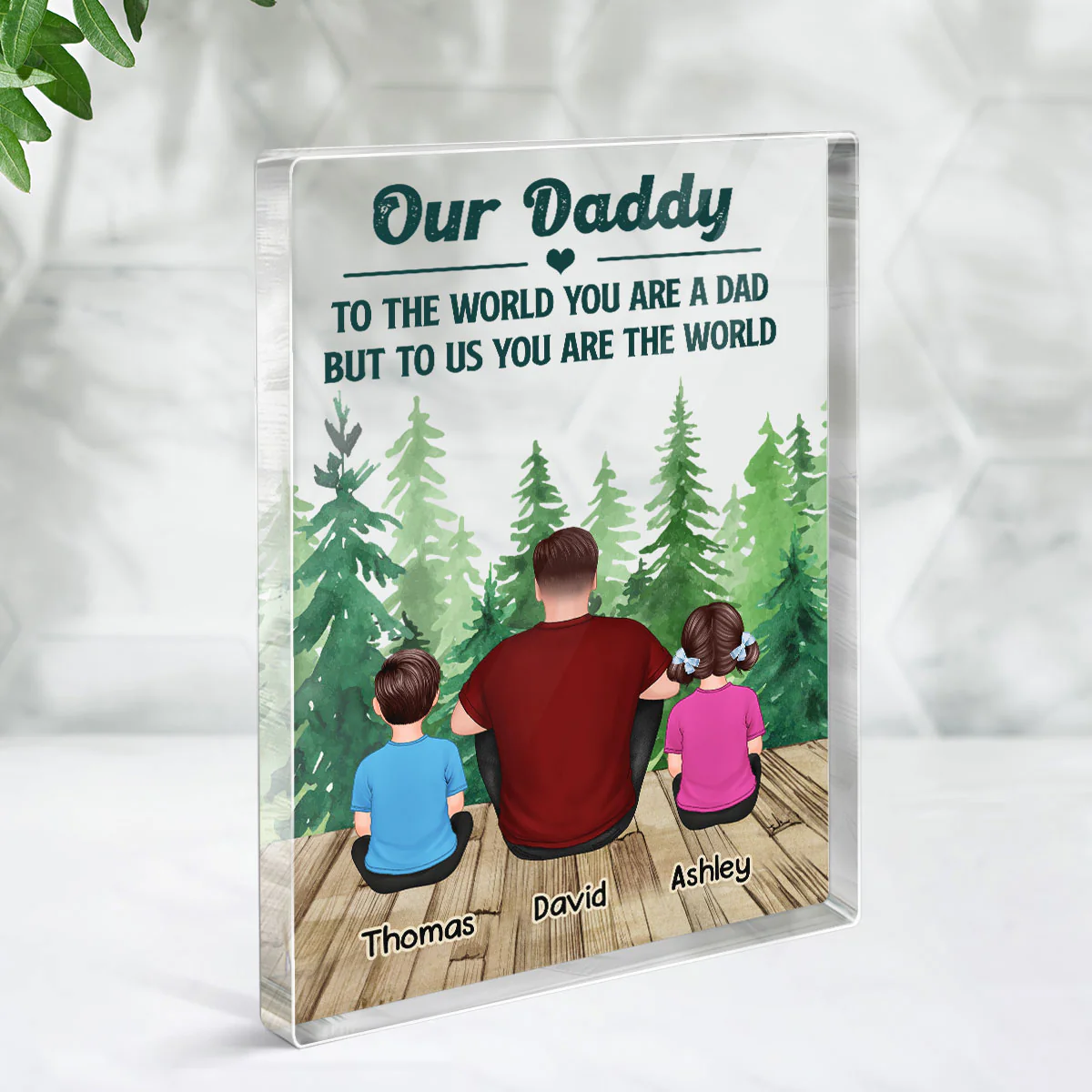 Best Dad Ever Back View Kids Dogs Cats Forest Personalized Rectangle Acrylic Block Plaque - Image 3
