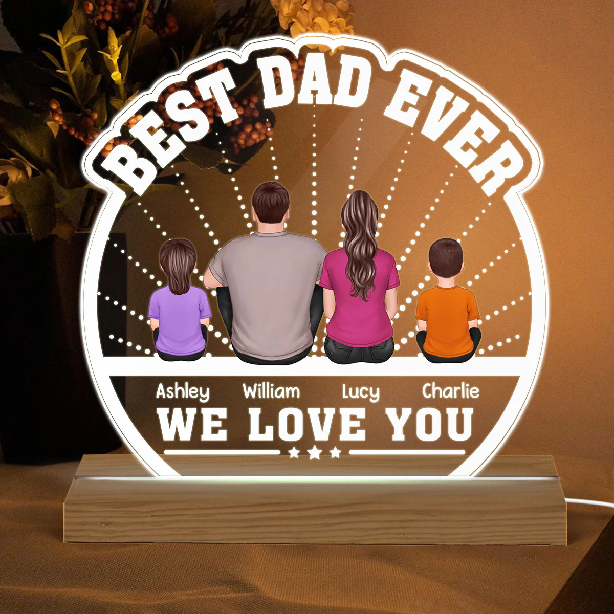 Best Dad Ever Back View Man Kids Dog Cat - Personalized Acrylic LED Night Light - Gift For Dad - Image 2