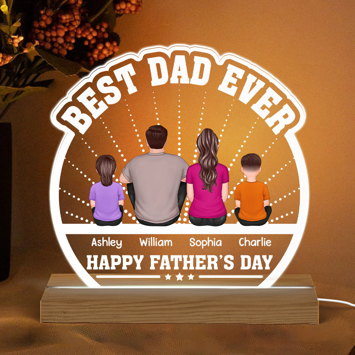 Best Dad Ever Back View Man Kids Dog Cat Personalized Custom Shaped Acrylic Plaque With Warm LED Night Light - Image 2
