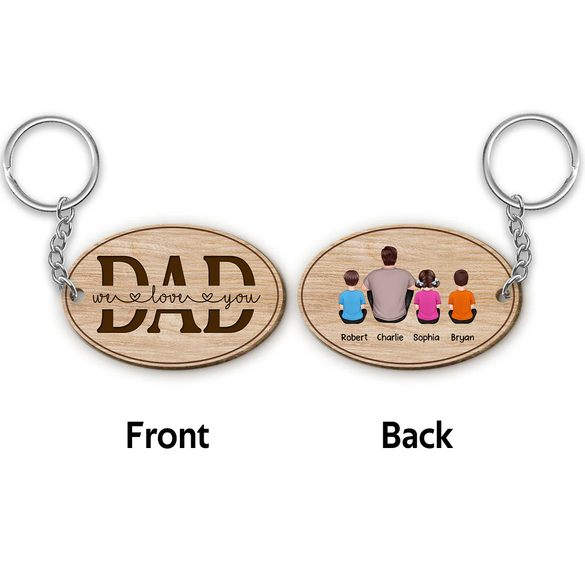 Best Dad Ever Back View Man Kids Dog Cat Personalized Oval Shaped Wooden Keychain