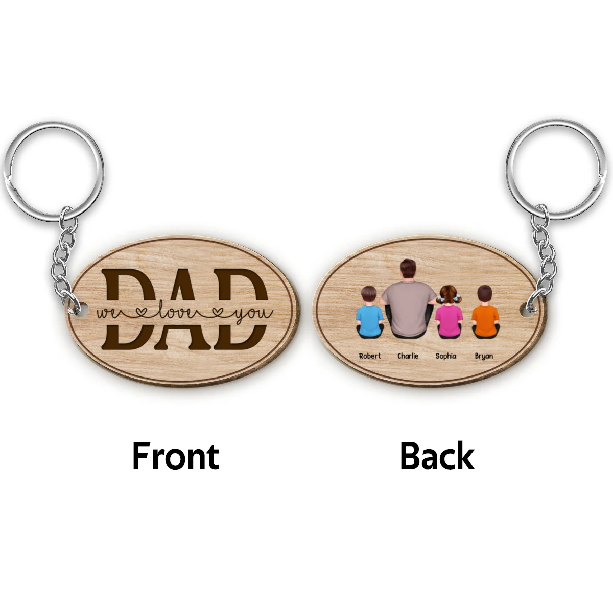 Best Dad Ever Back View Man Kids Dog Cat Personalized Oval Shaped Wooden Keychain - Image 4
