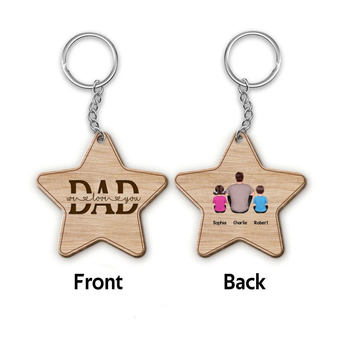 Best Dad Ever Back View Man Kids Dog Cat Personalized Star Shaped Wooden Keychain - Image 4