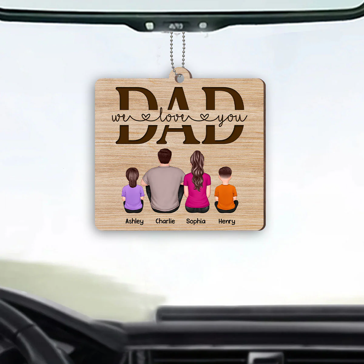 Best Dad Ever Back View Man Kids Dog Cat Personalized Wooden Car Ornament - Image 2